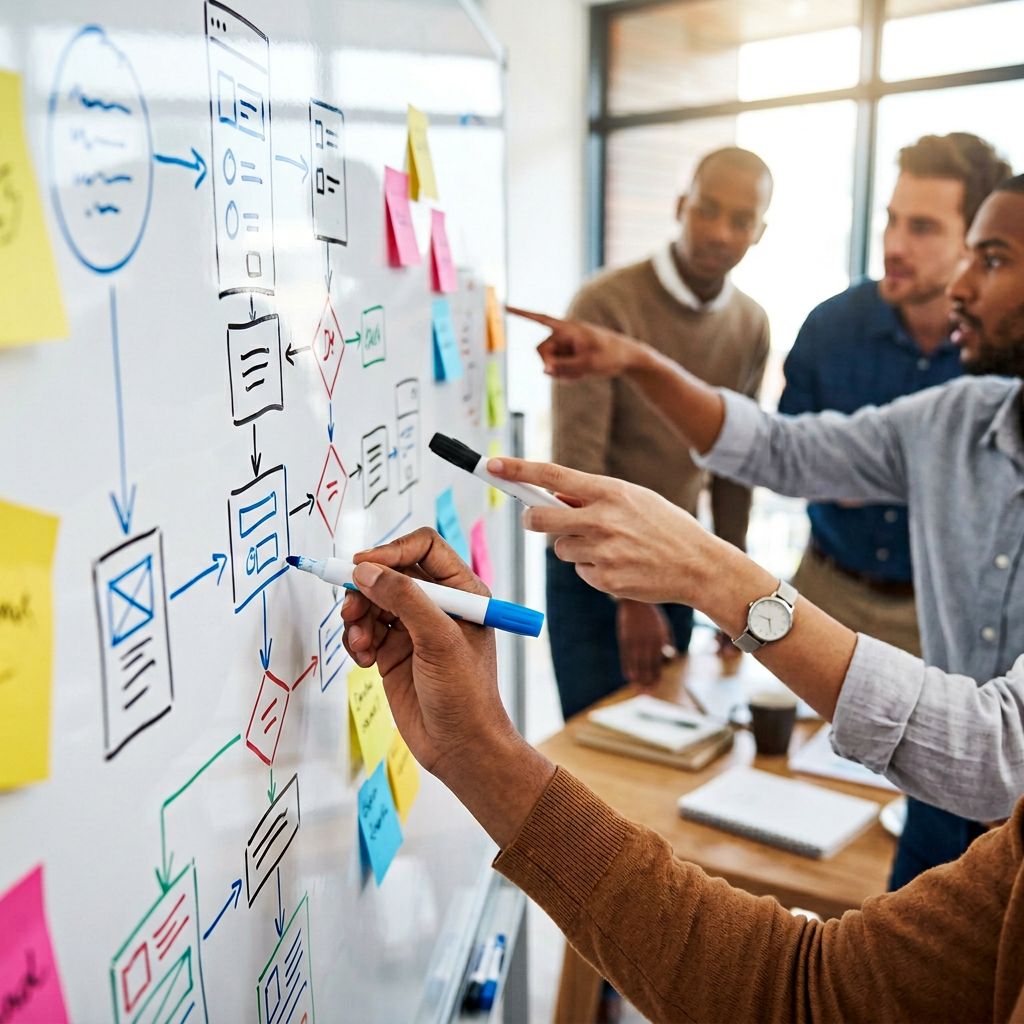 Close-up of hands sketching user flow diagrams on whiteboard with colorful markers during product discovery session