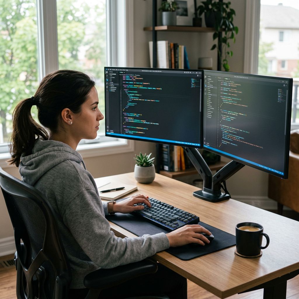 Software developer focused on dual monitors displaying React and Node.js code in modern ergonomic workspace