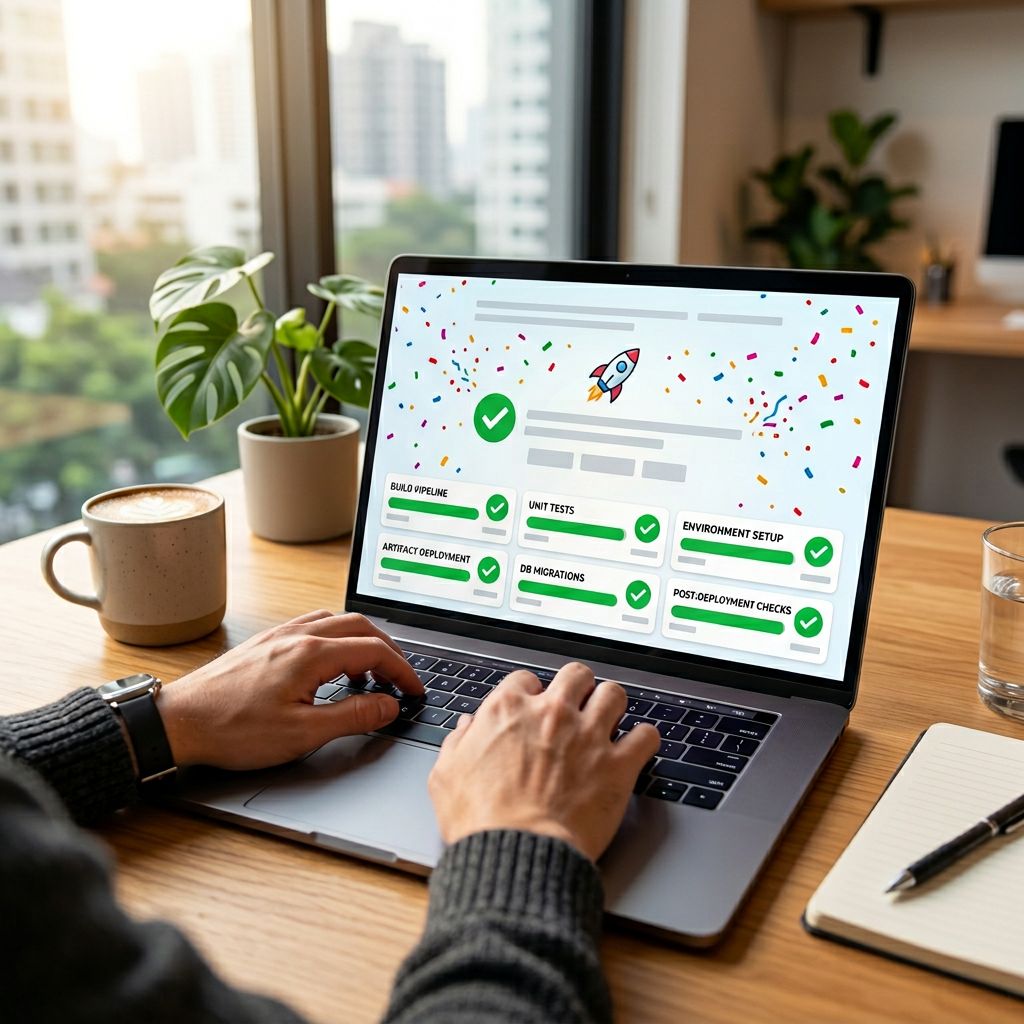 Laptop screen showing successful deployment dashboard with green checkmarks and progress indicators in celebratory workspace atmosphere