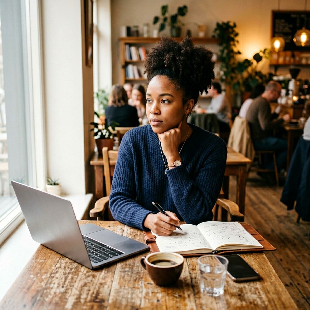 Non-technical entrepreneur sitting at cafe table with laptop and notepad planning startup strategy in warm coffee shop environment