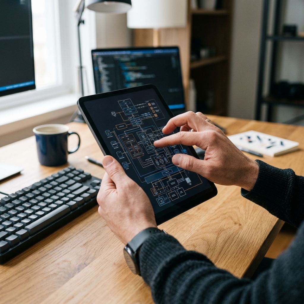 Close-up of hands reviewing detailed technical documentation on tablet during code quality review session