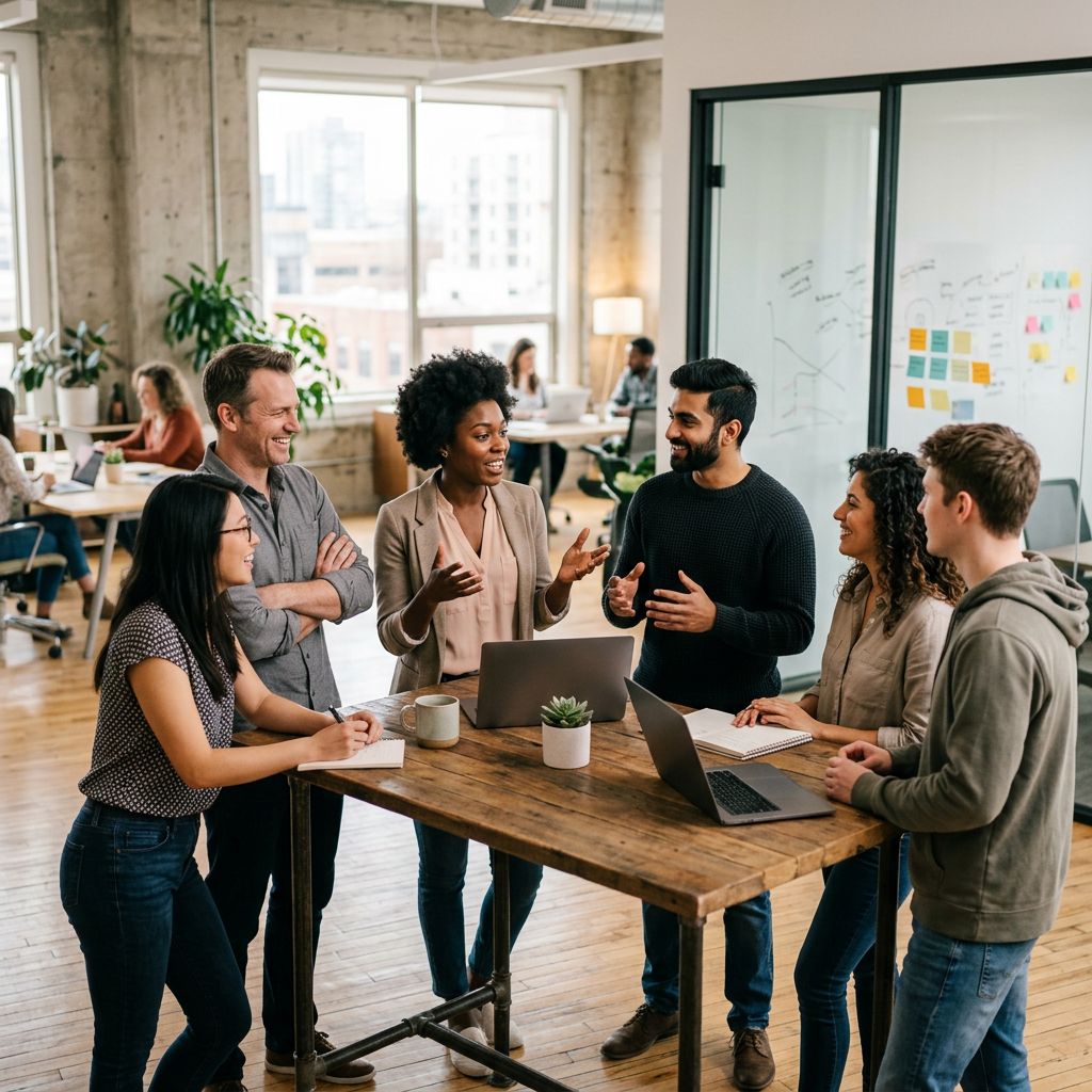 Small diverse startup team having stand-up meeting in modern office space with collaborative energy and authentic team dynamics