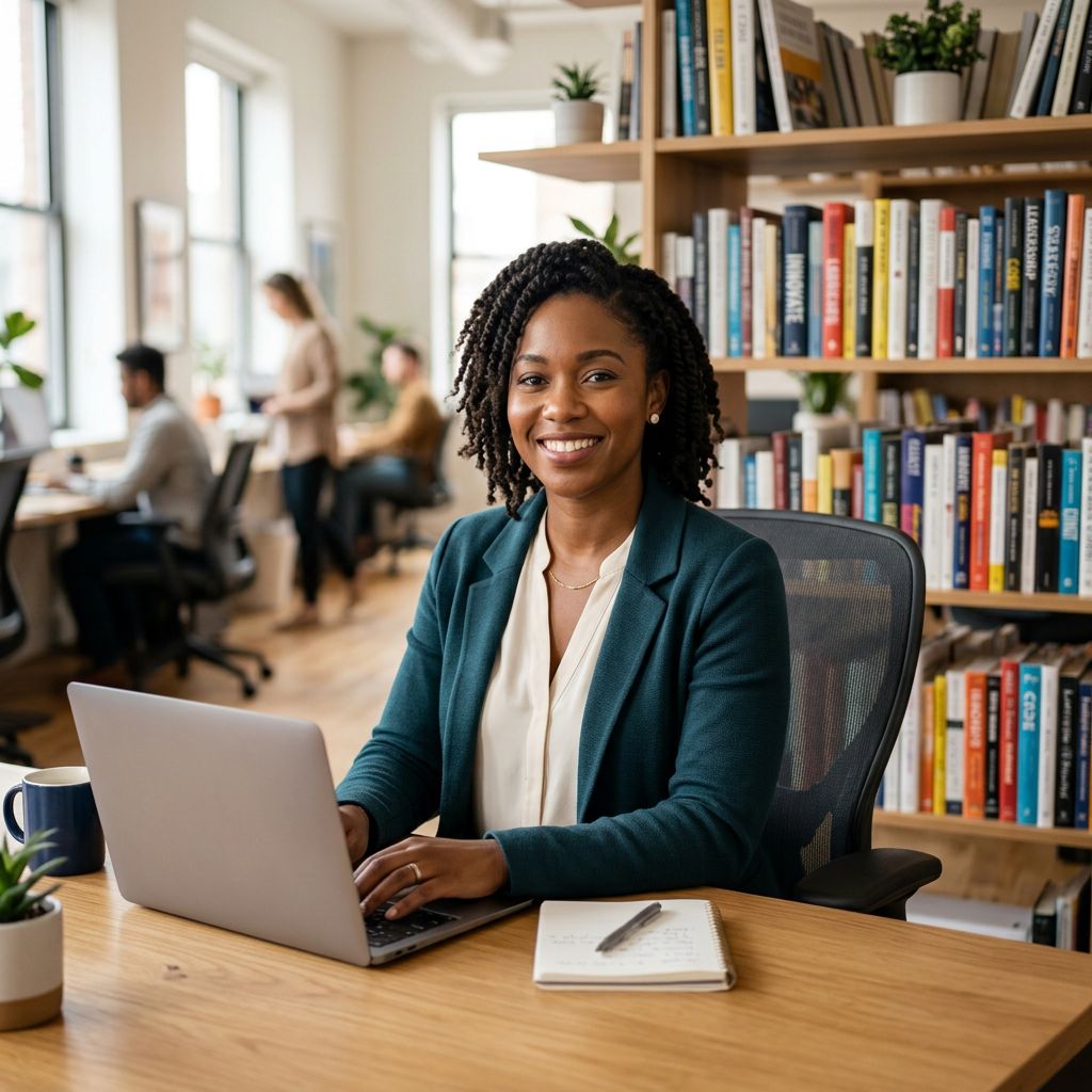 Professional founder working at modern desk with laptop in contemporary office with natural light and warm entrepreneurial atmosphere