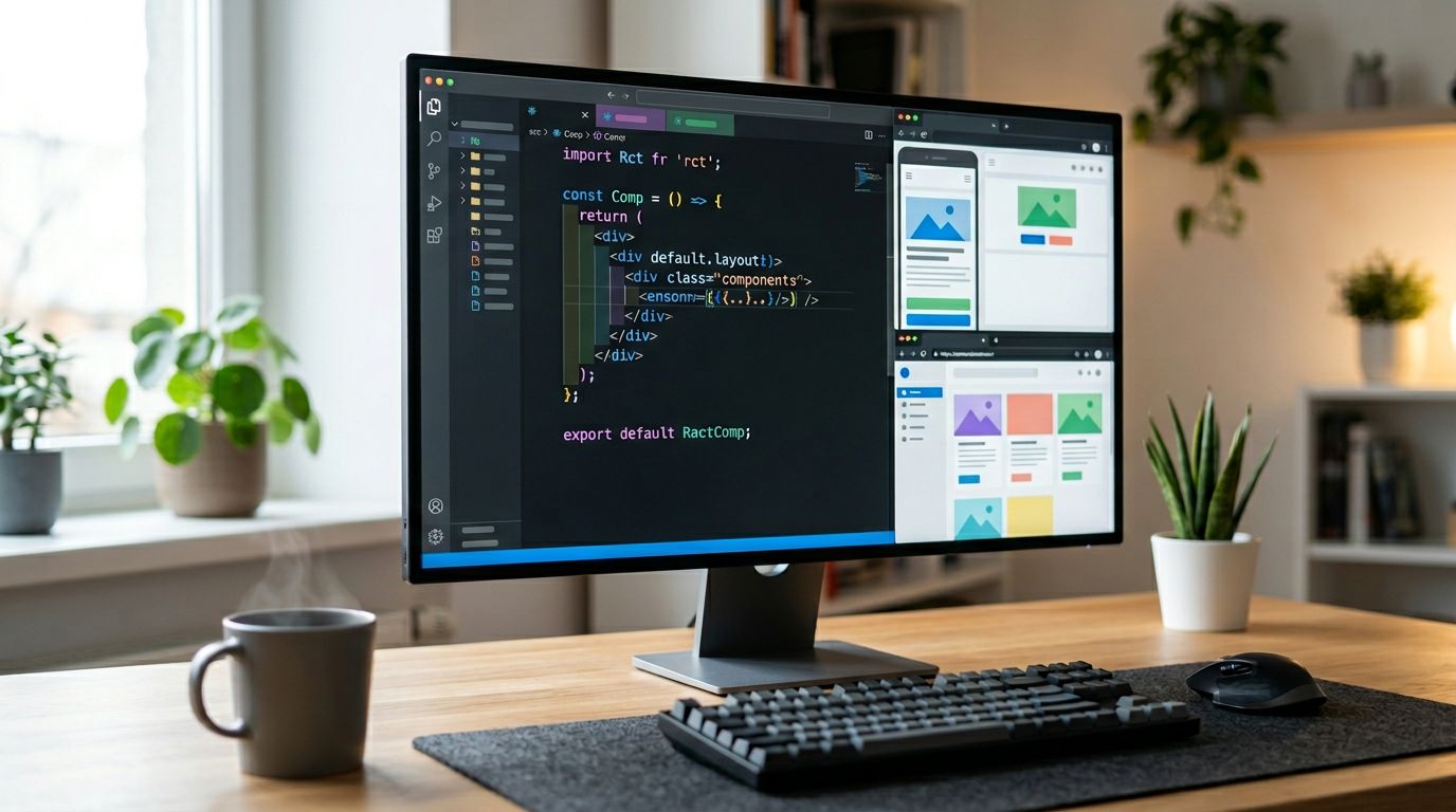 Modern computer screen displaying clean React component code with multiple browser windows showing responsive web design