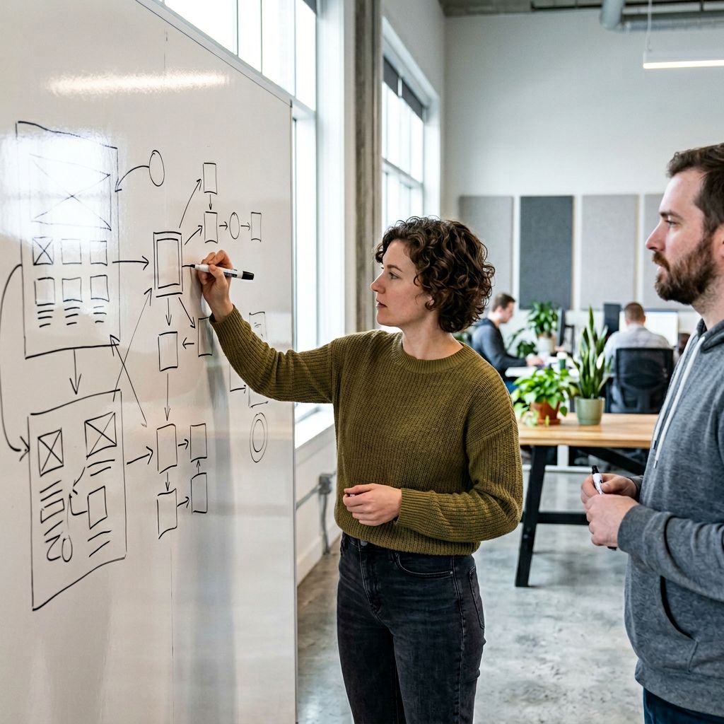 Product designer planning minimal viable product features on whiteboard