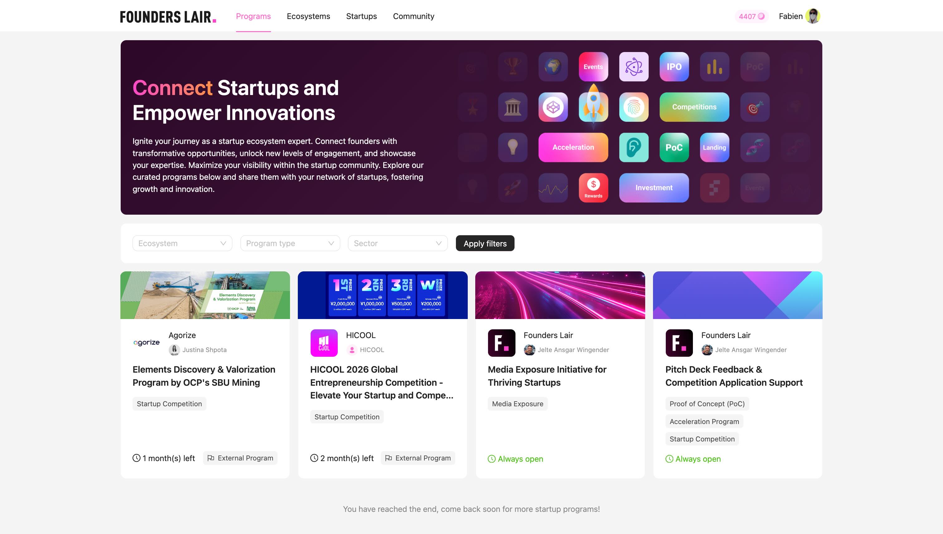 Founders Lair platform dashboard showing startup projects