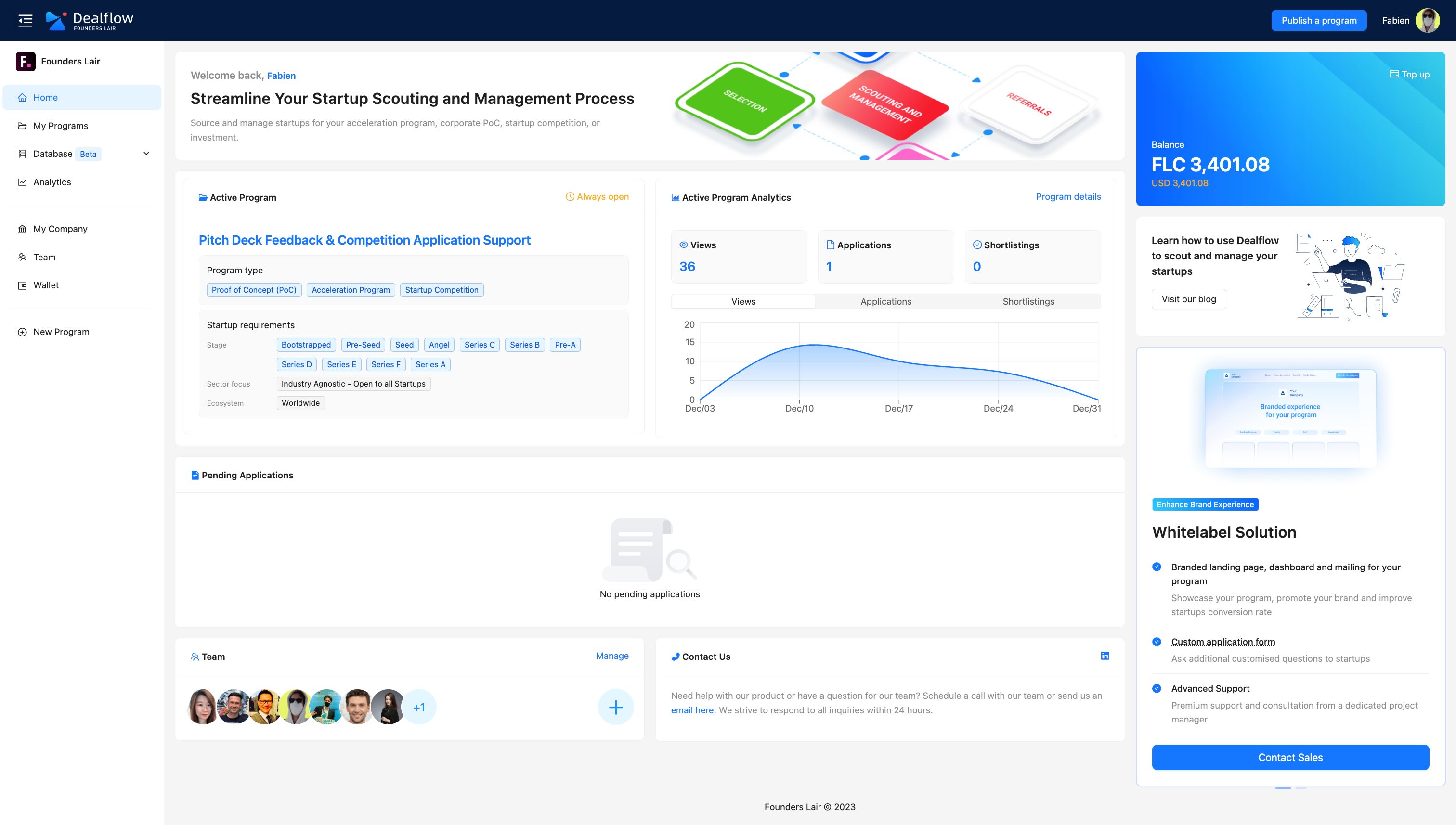 Founders Lair application interface for entrepreneurs