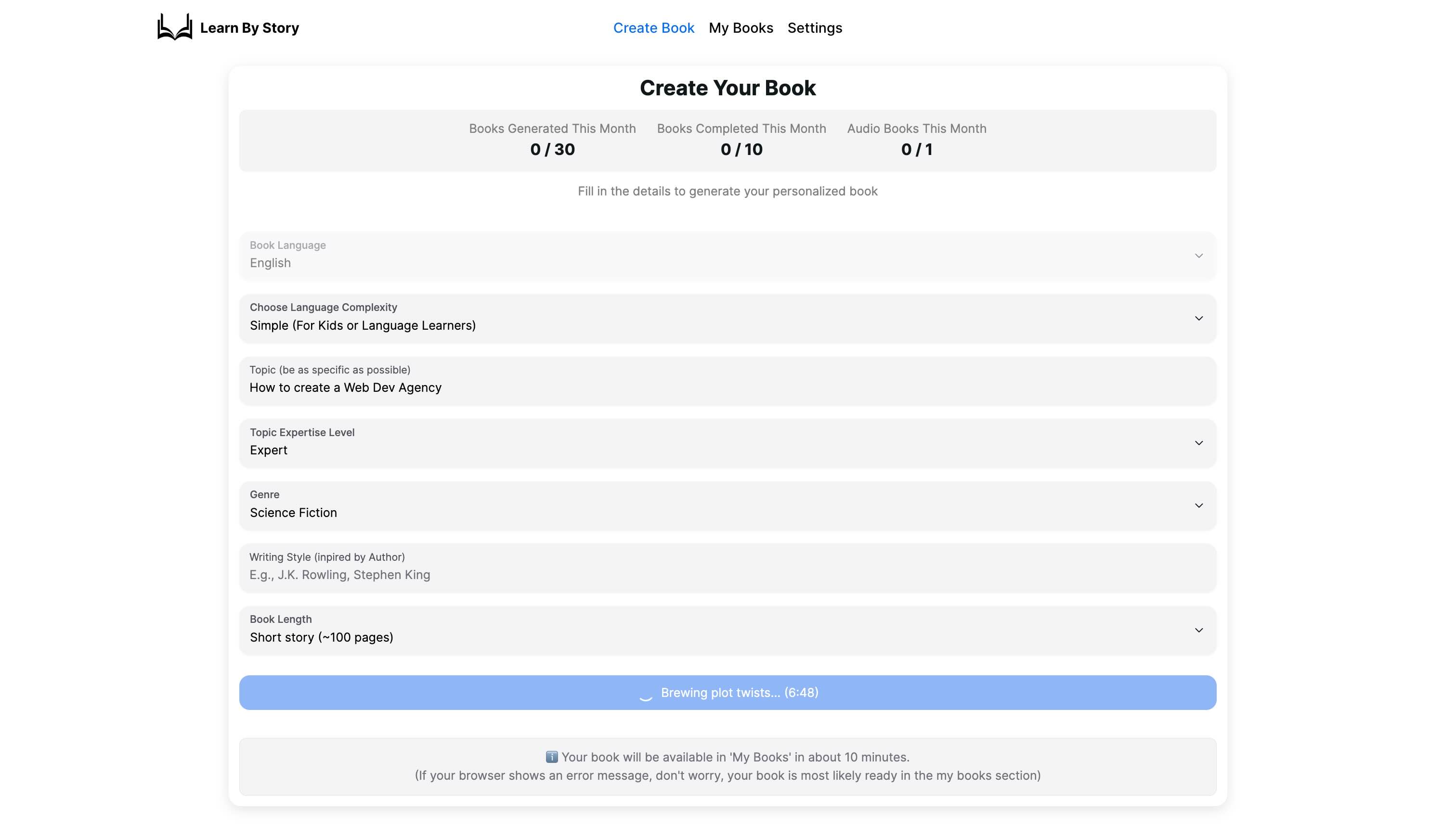 LearnByStory story generation interface