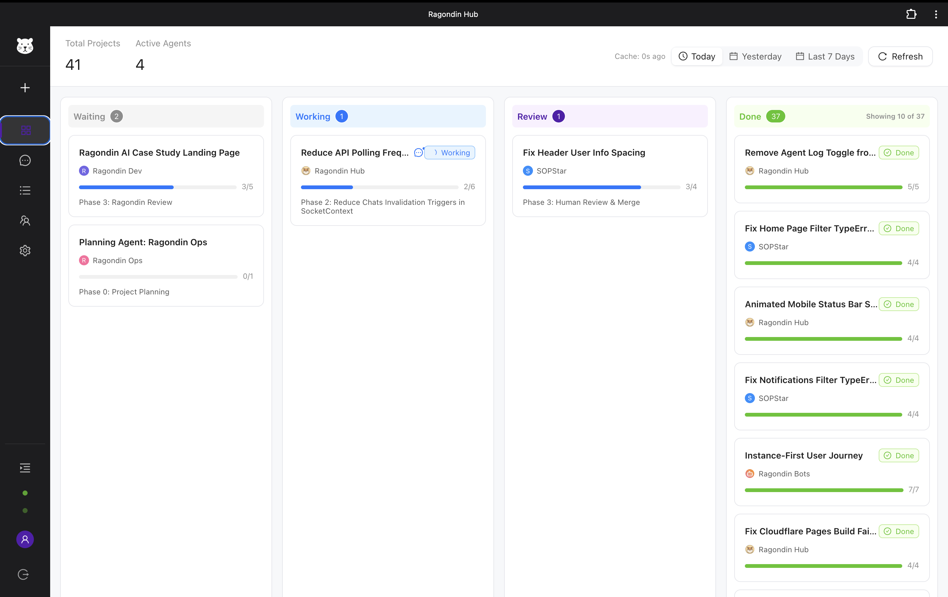 Ragondin AI kanban view showing project phases and status