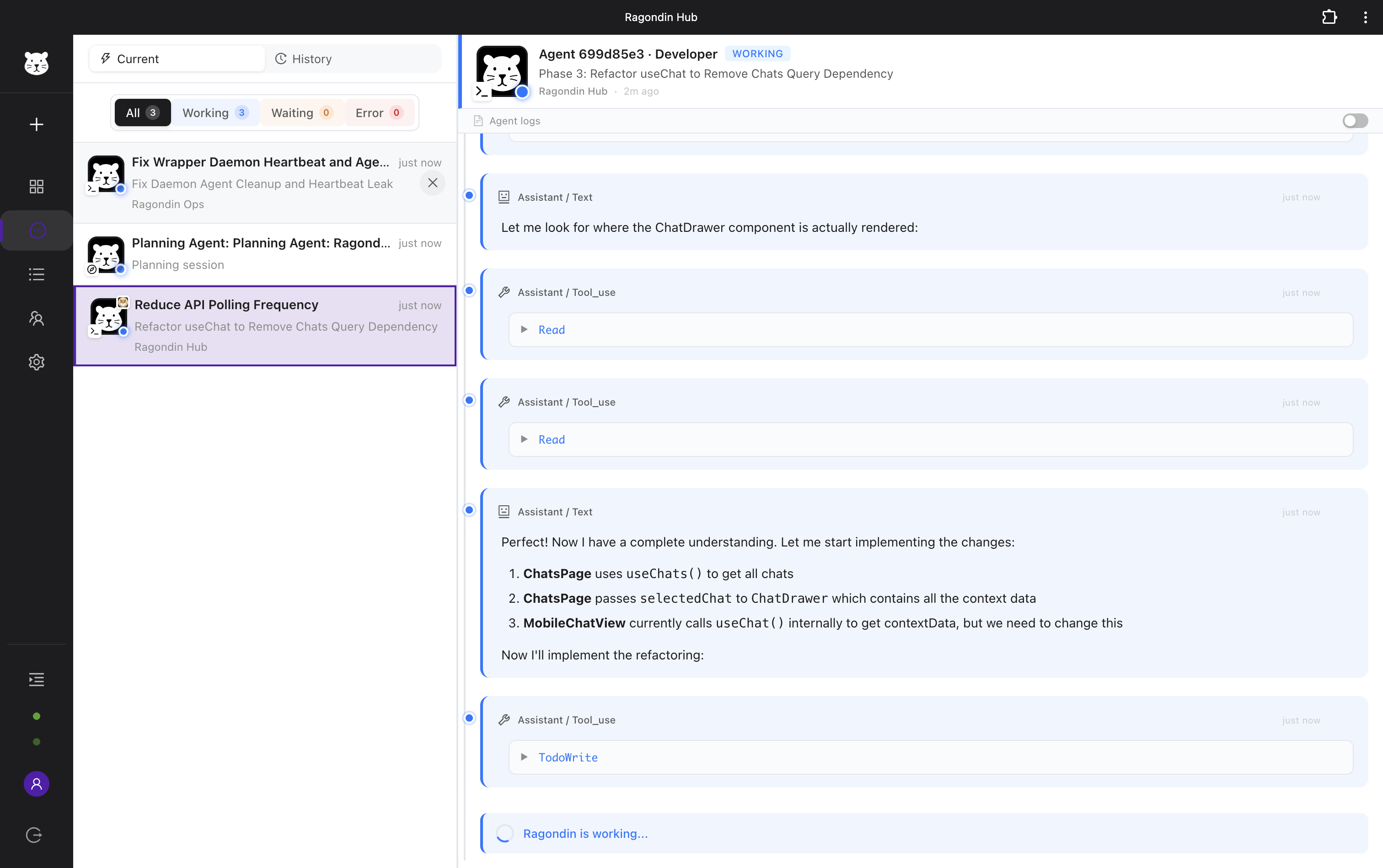 Ragondin AI chat screen with real-time agent collaboration