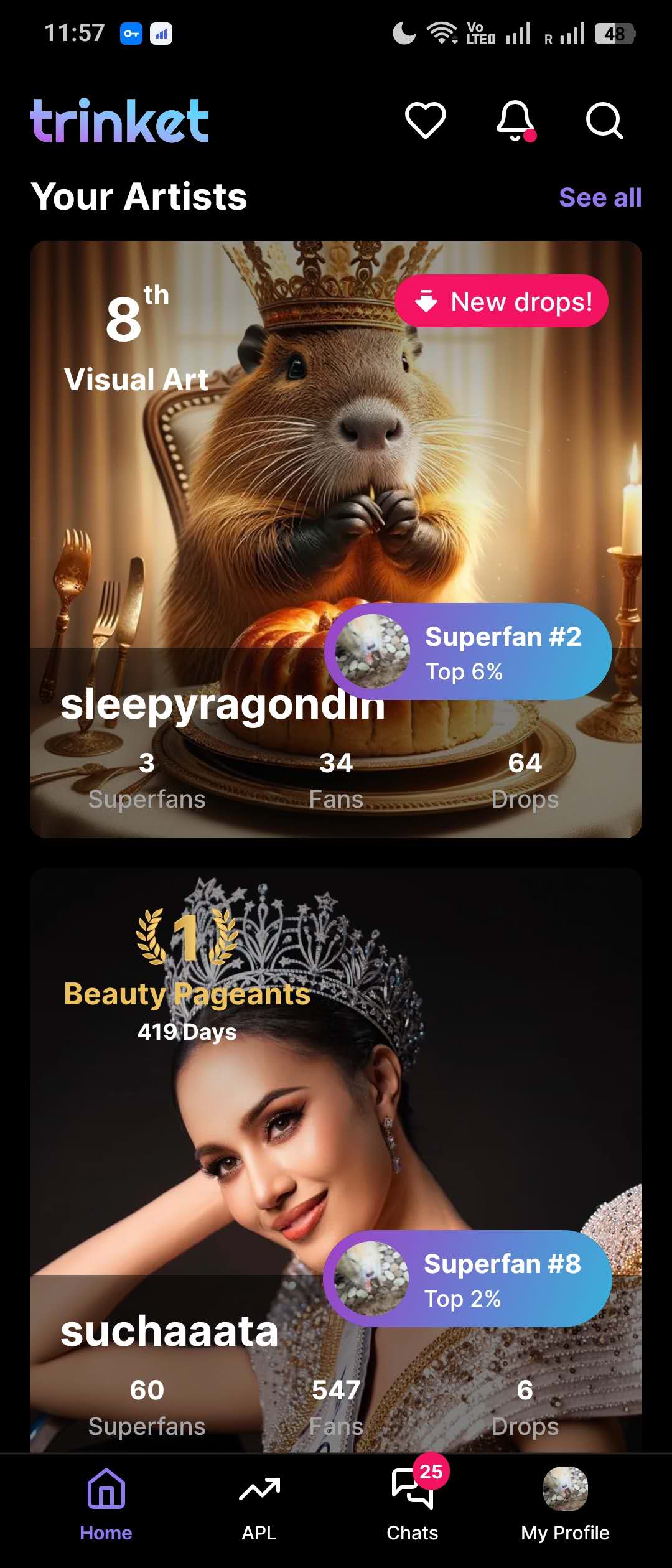 Trinket app home screen showing artist profiles and drops